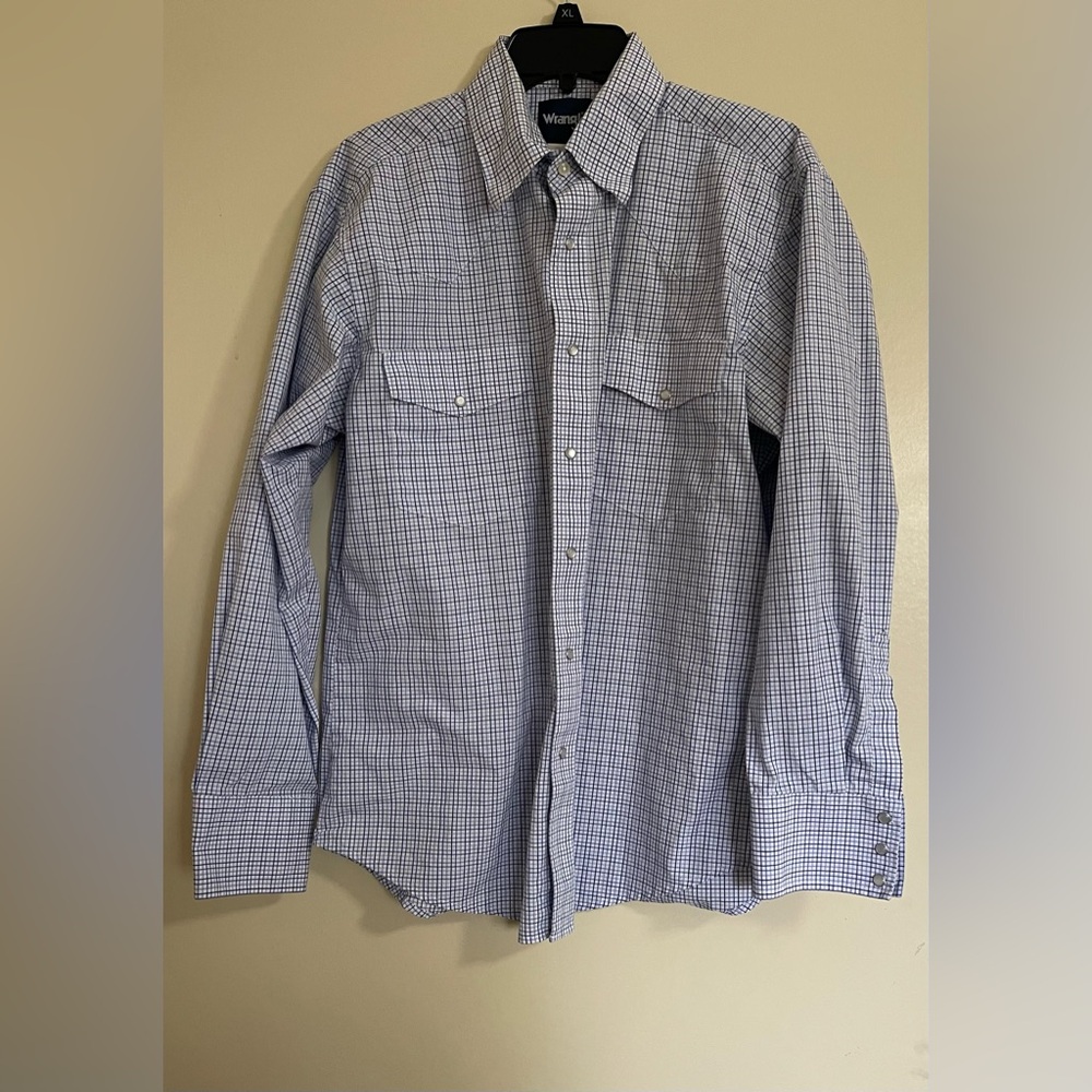 Wrangler Blue Check Plaid Long Sleeve Pearl Snap Western Men’s Shirt Sz L